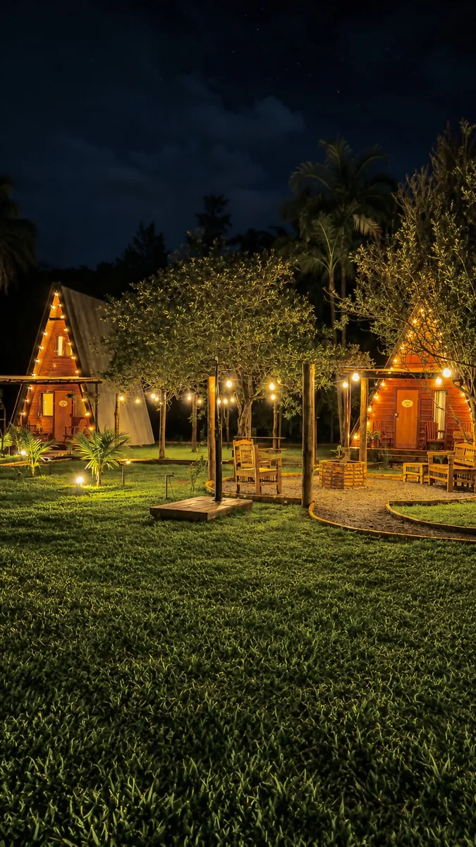 Cabanas iluminadas ao anoitecer na Cabana das Mansões