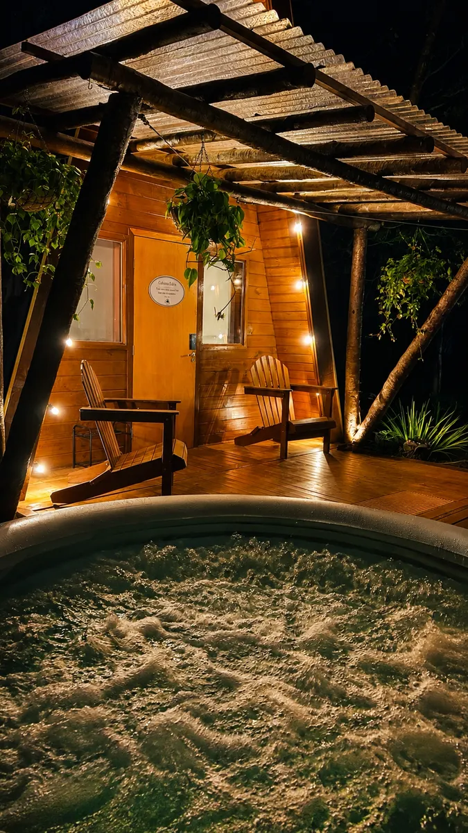 Hidromassagem aquecida no deck da Cabana Éden à noite