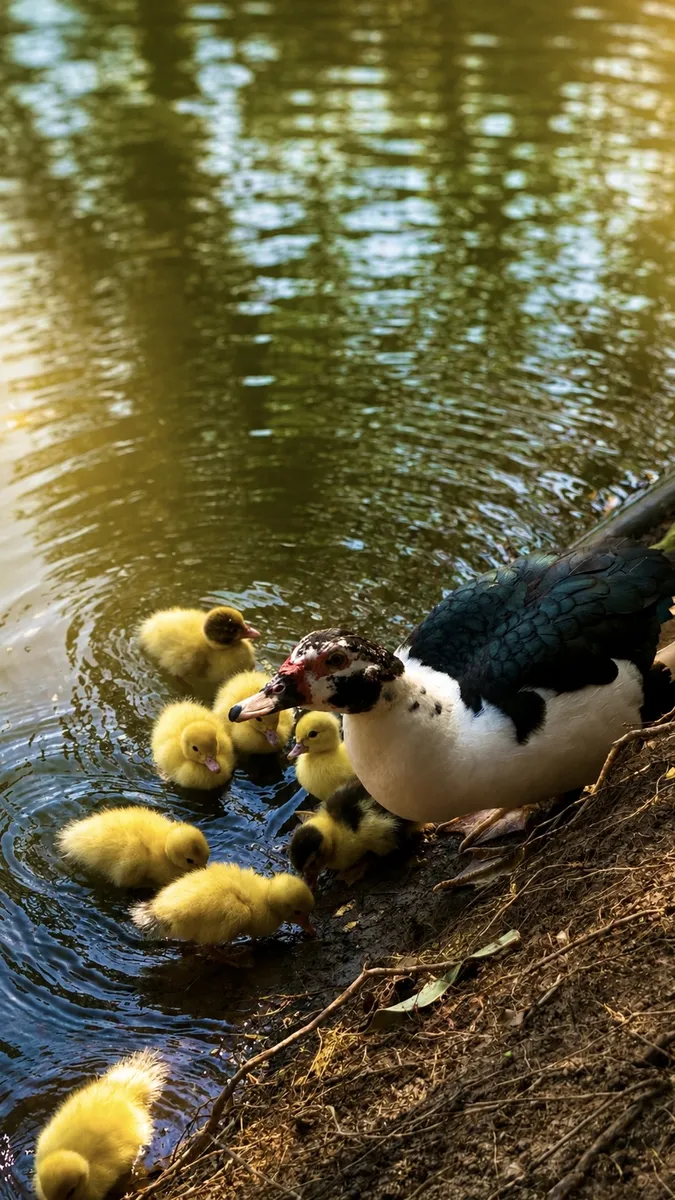 Pata com filhotes às margens do lago